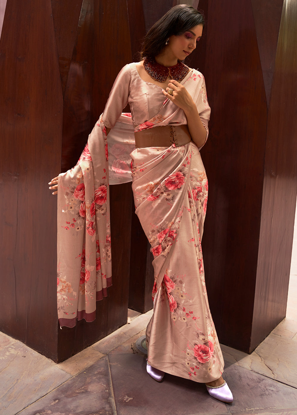 Stunning Deep Pink Satin Silk Saree with Floral Prints