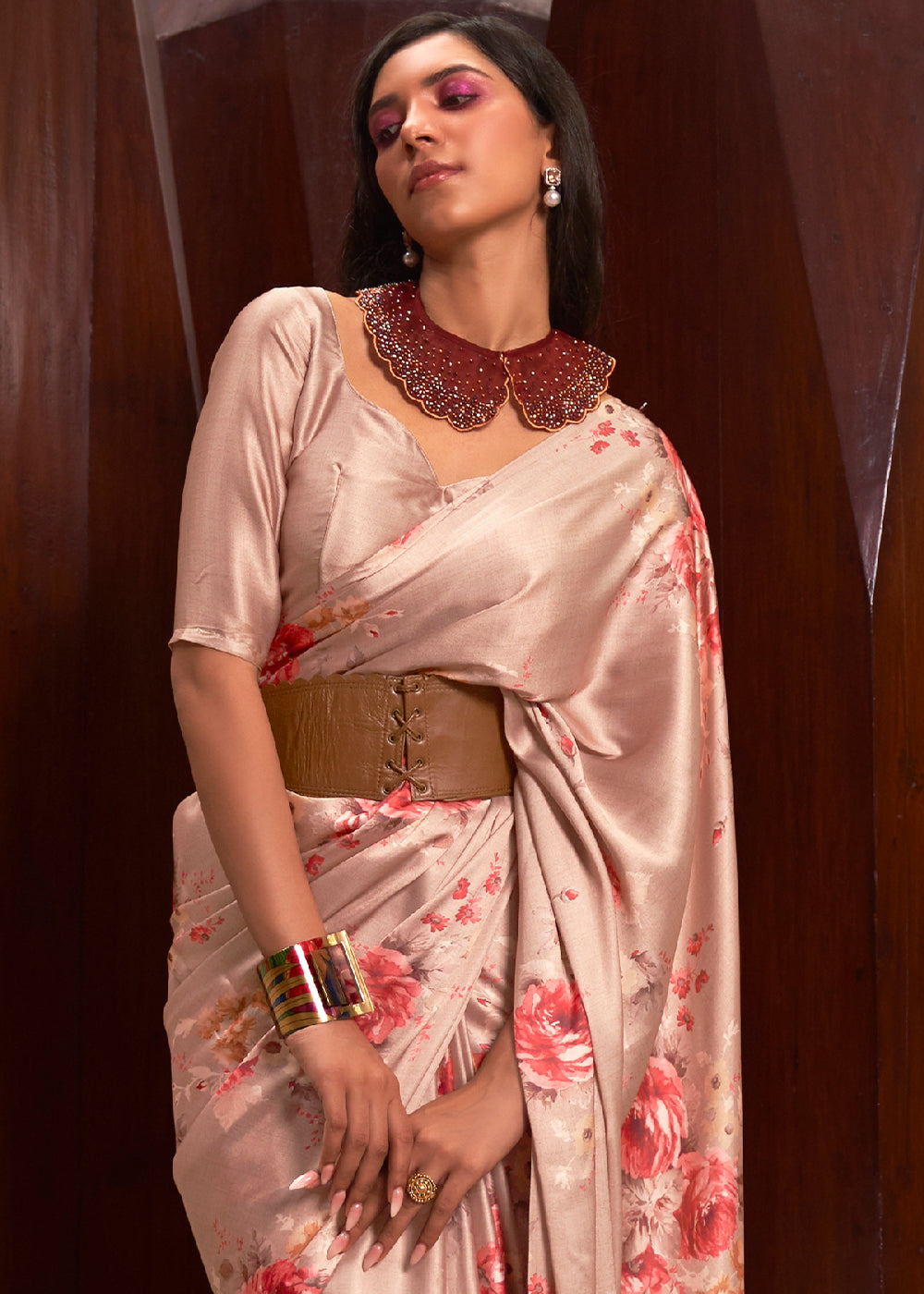 Stunning Deep Pink Satin Silk Saree with Floral Prints