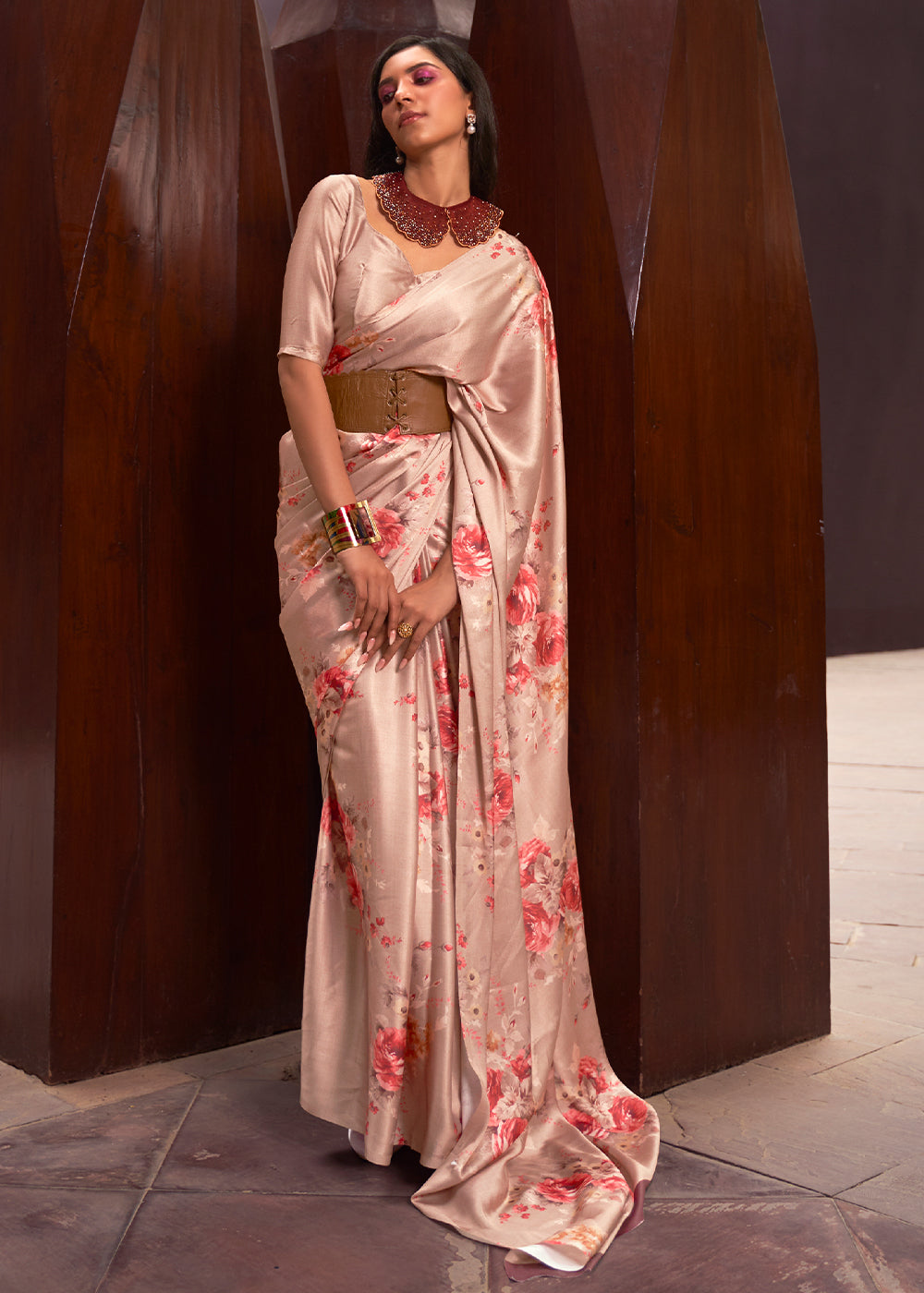 Elegant peach Cream Digital Printed Saree for Women