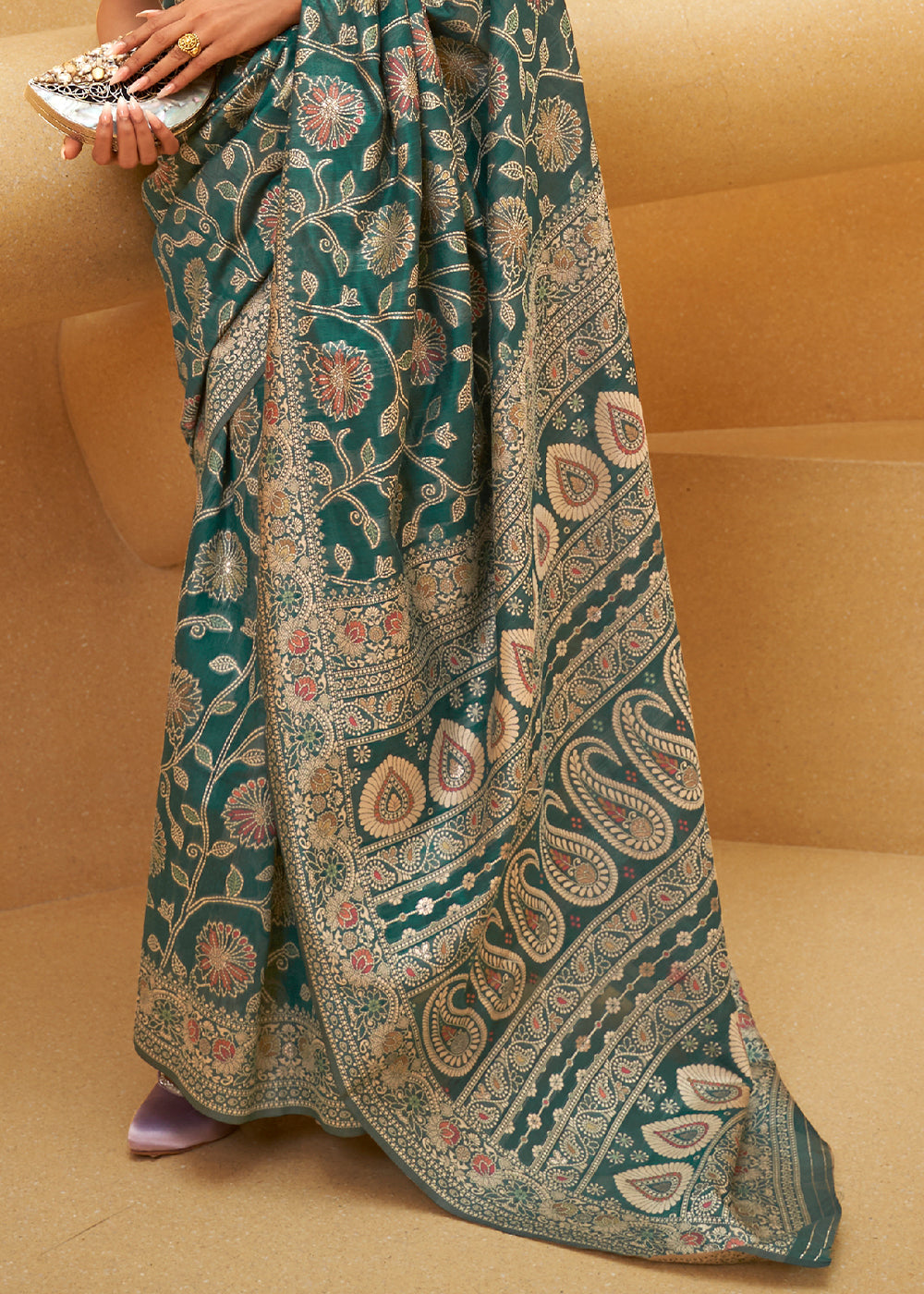 Teal Temptation: Handwoven Lucknowi Banarasi Silk Saree in Green