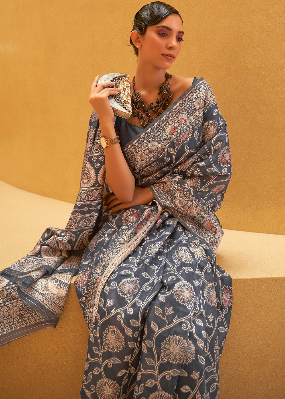 Regal Grey: Handwoven Lucknowi Banarasi Silk Saree