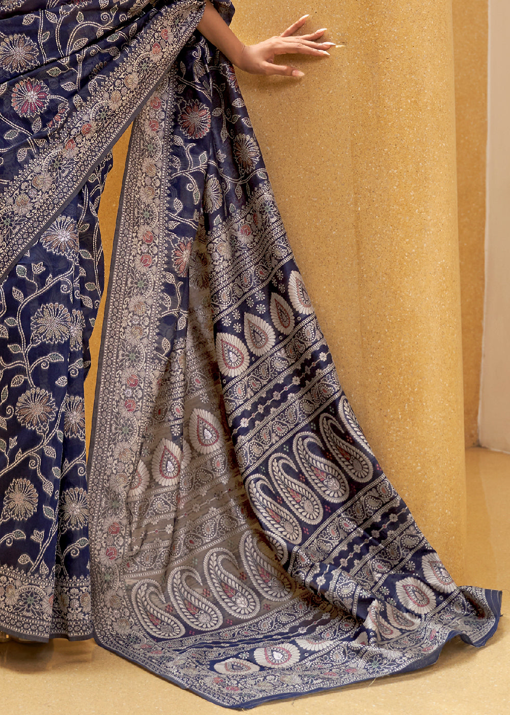 Navy Nights: Handwoven Lucknowi Banarasi Silk Saree