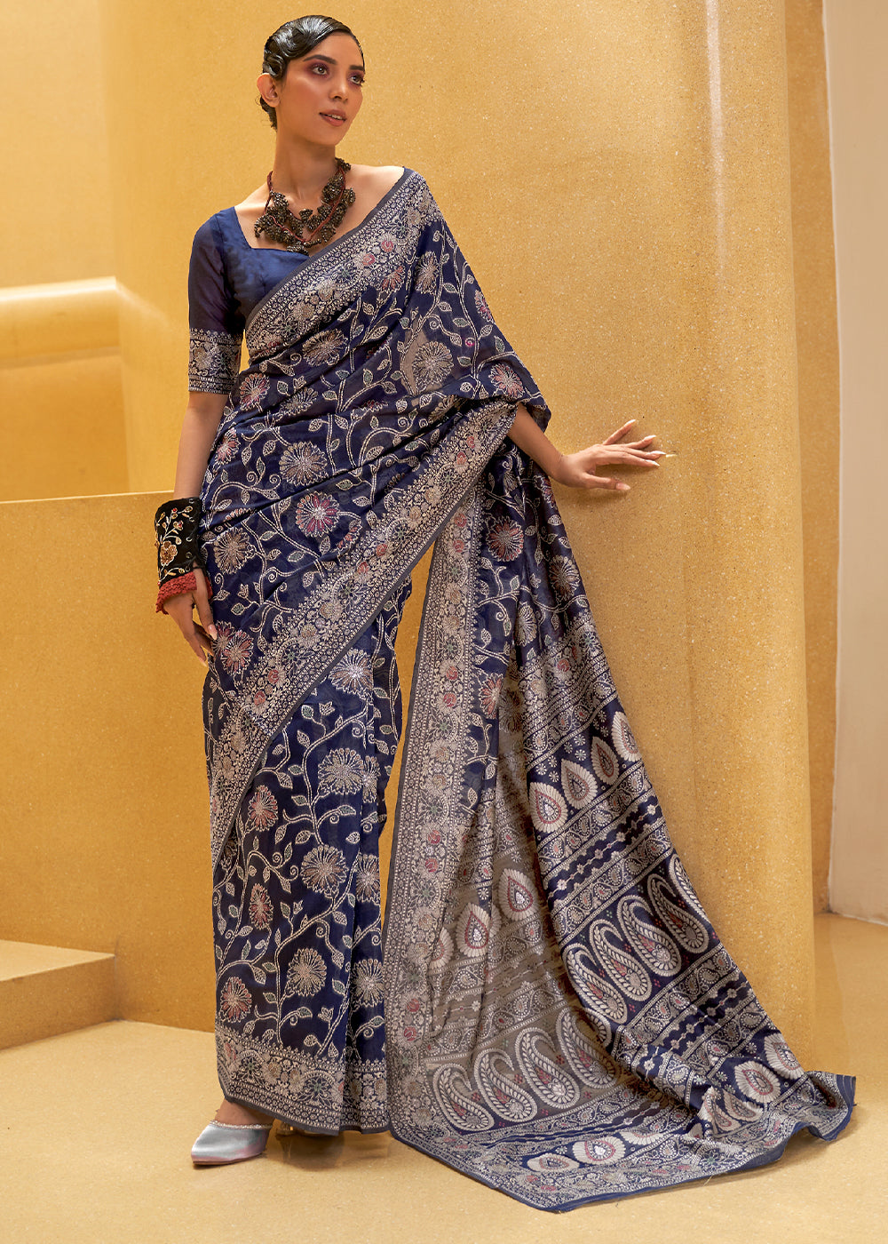 Navy Nights: Handwoven Lucknowi Banarasi Silk Saree