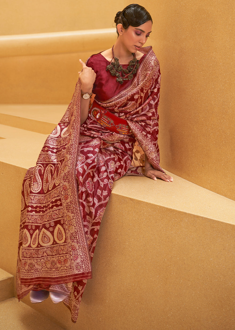 Divine Wine: Handwoven Lucknowi Banarasi Silk Saree