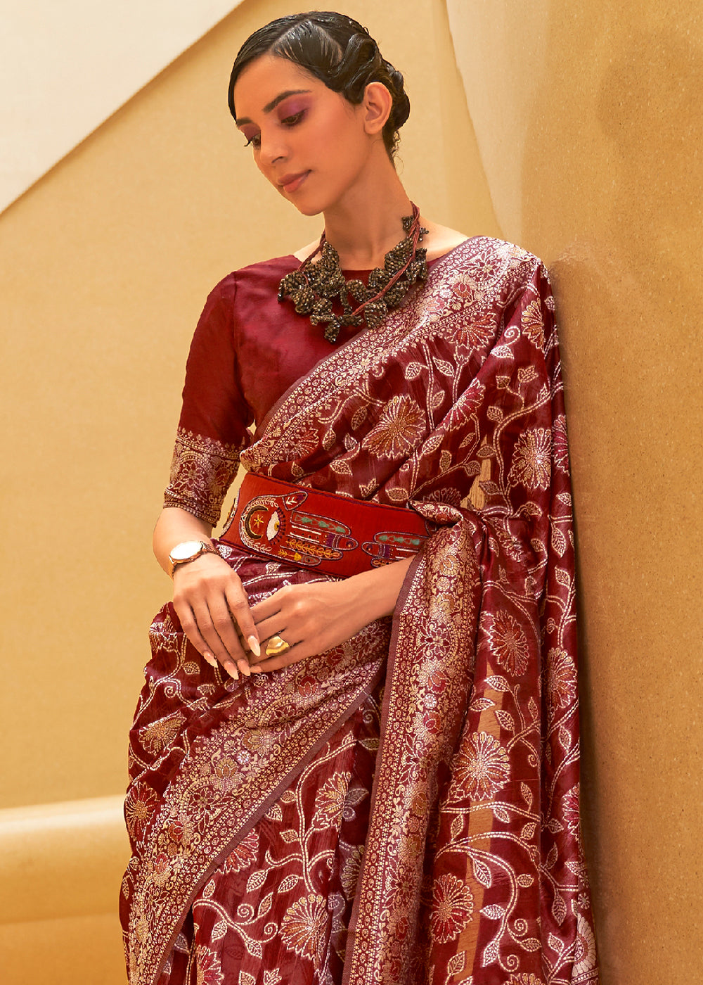 Divine Wine: Handwoven Lucknowi Banarasi Silk Saree