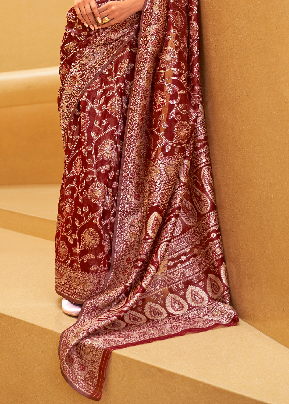 Divine Wine: Handwoven Lucknowi Banarasi Silk Saree