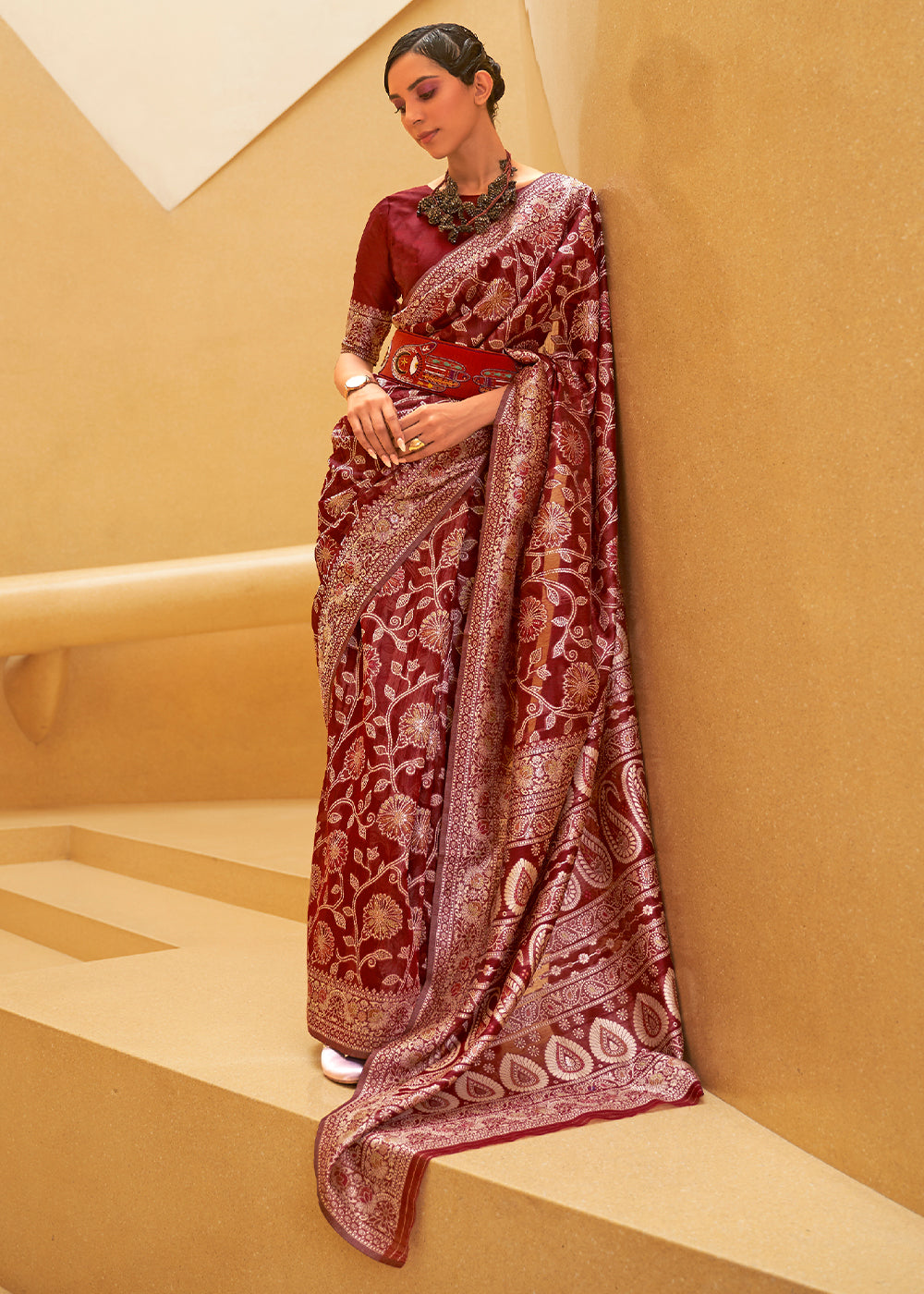 Divine Wine: Handwoven Lucknowi Banarasi Silk Saree