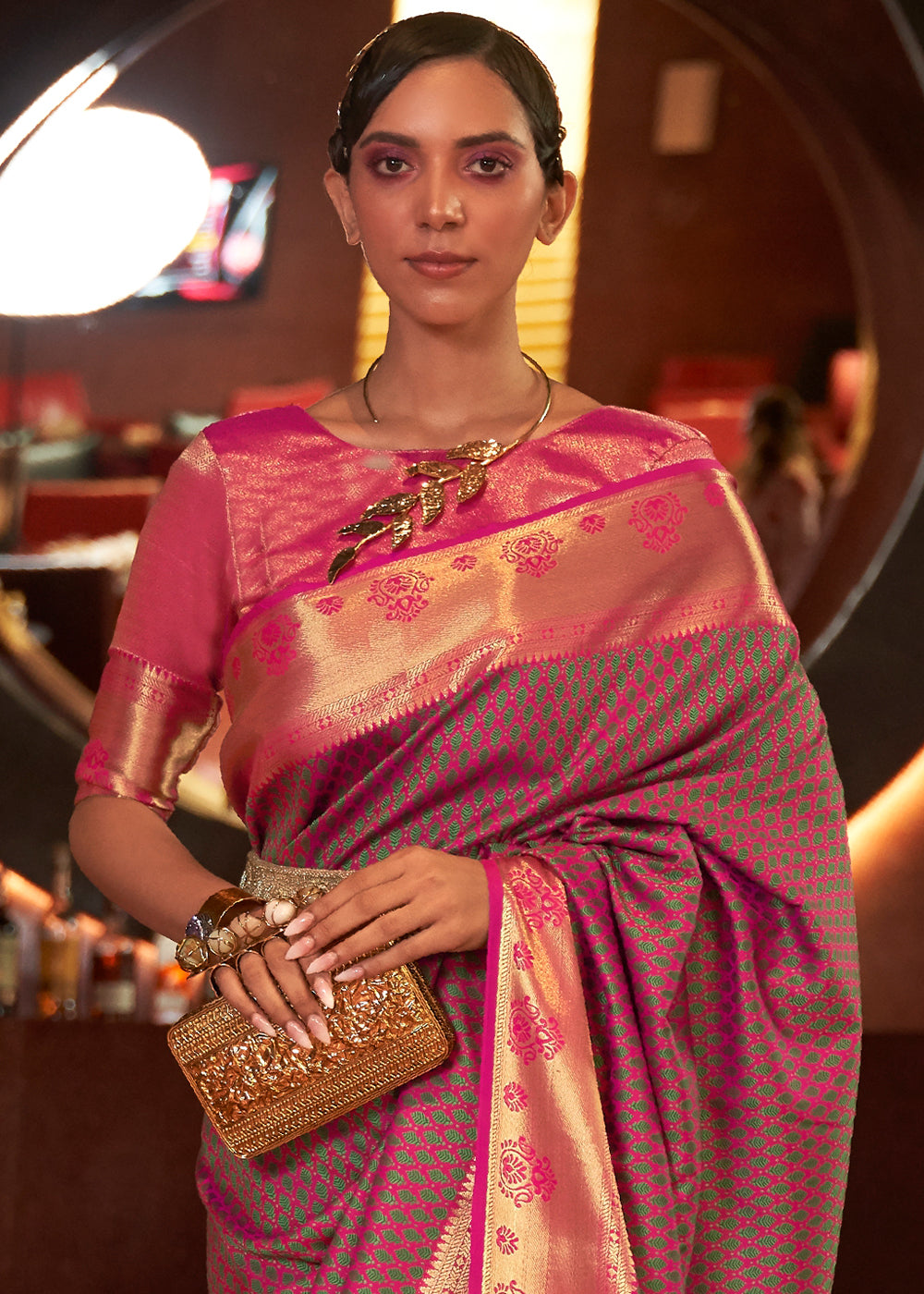 Pink and Green Handloom Banarasi Silk Saree - A Blend of Tradition and Elegance