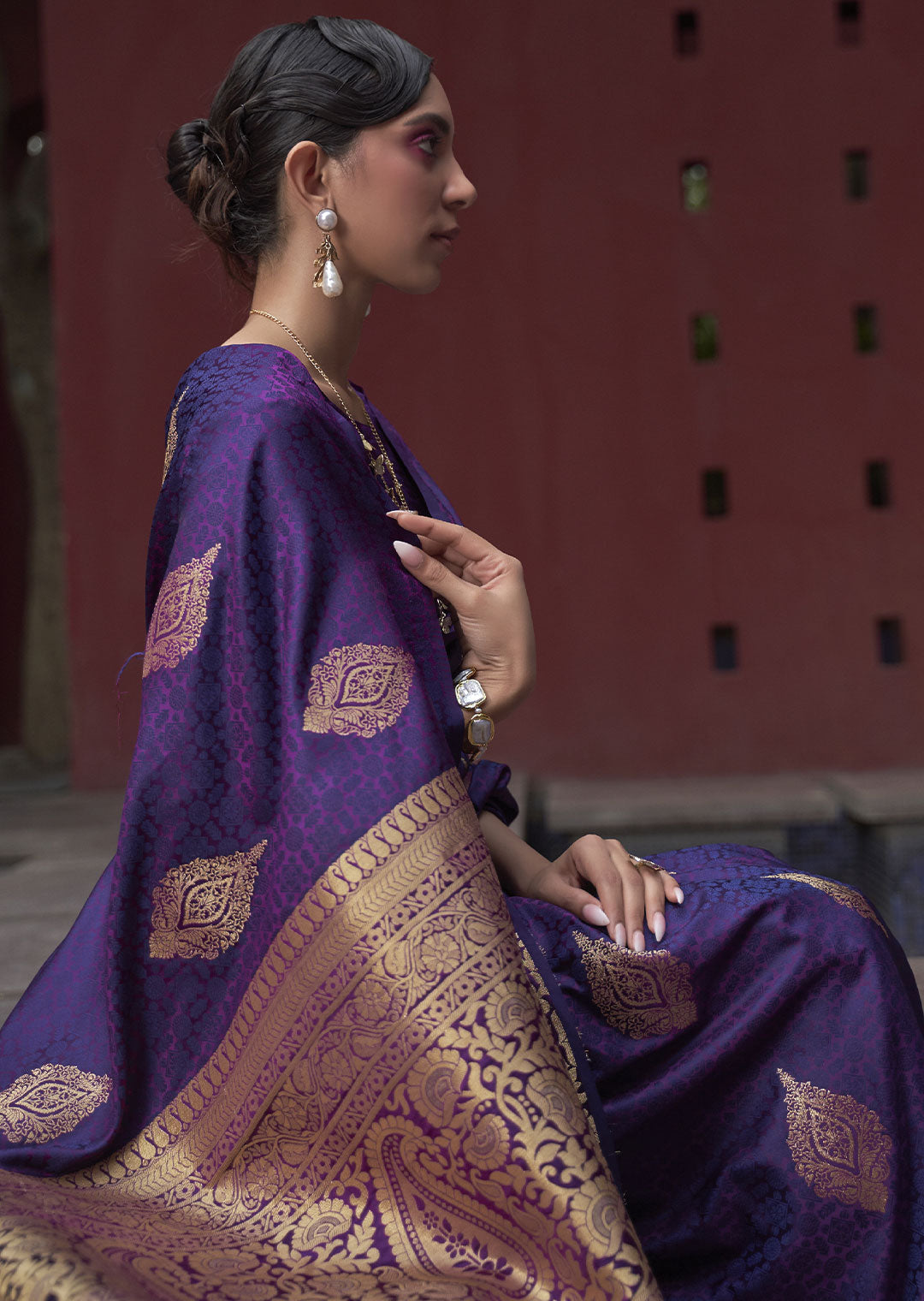 Rich Aubergine Purple Banarasi Woven Satin Silk Saree - A Luxurious Delight