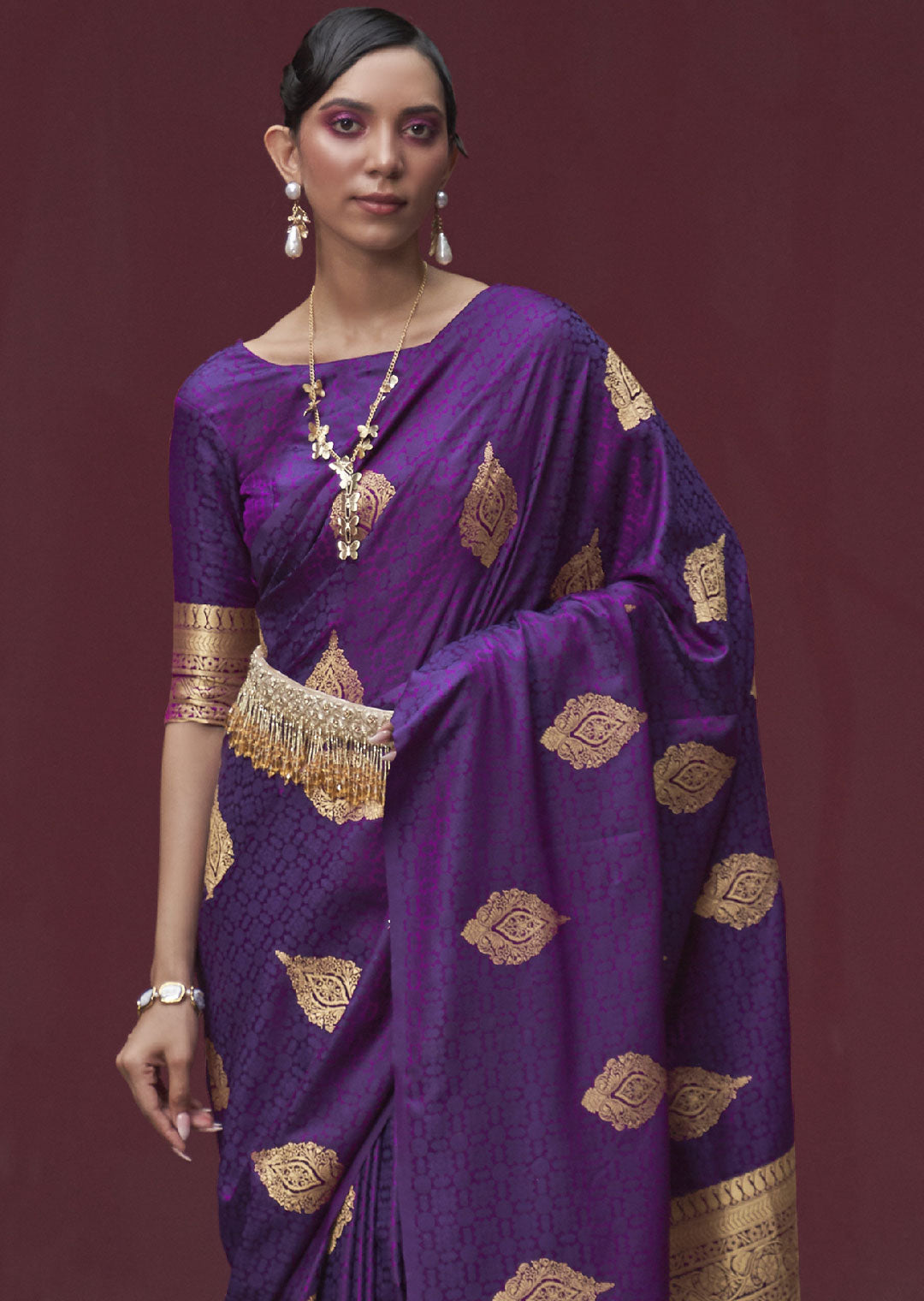 Rich Aubergine Purple Banarasi Woven Satin Silk Saree - A Luxurious Delight