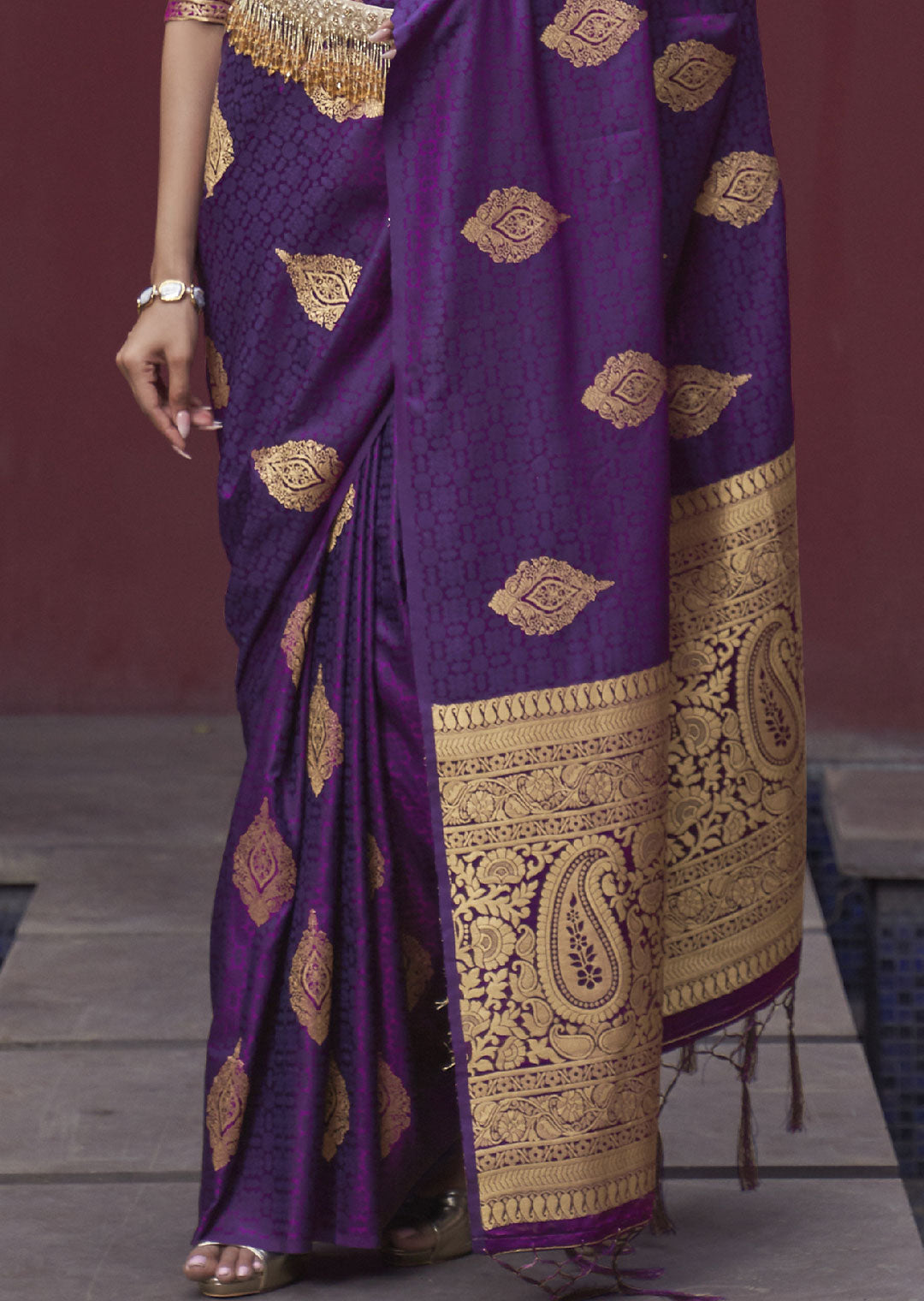 Rich Aubergine Purple Banarasi Woven Satin Silk Saree - A Luxurious Delight