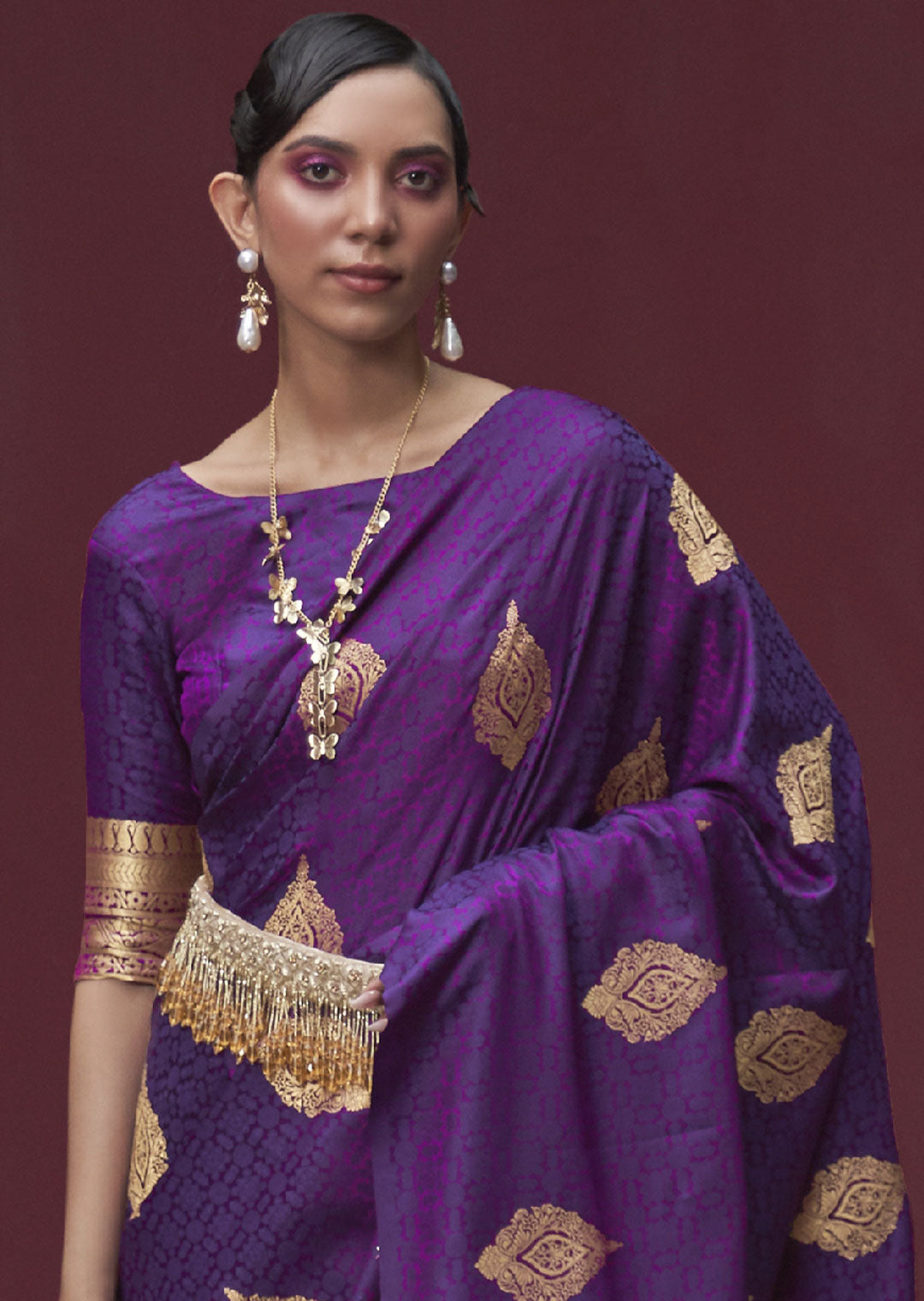 Rich Aubergine Purple Banarasi Woven Satin Silk Saree - A Luxurious Delight