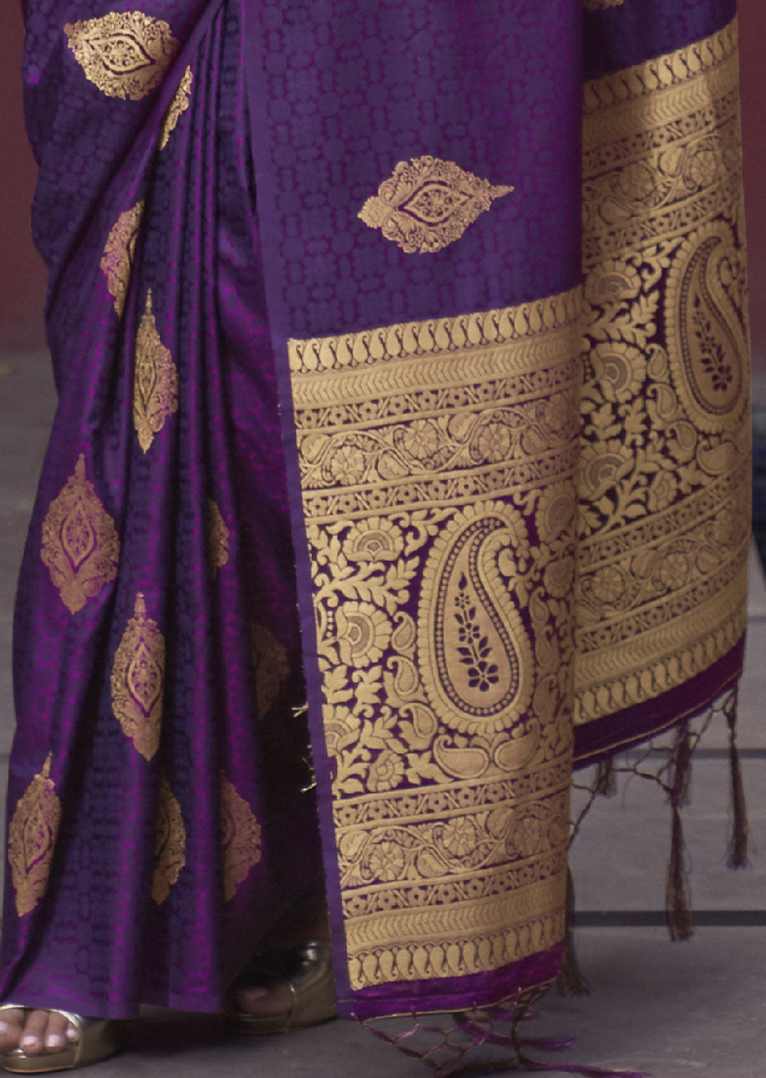 Rich Aubergine Purple Banarasi Woven Satin Silk Saree - A Luxurious Delight