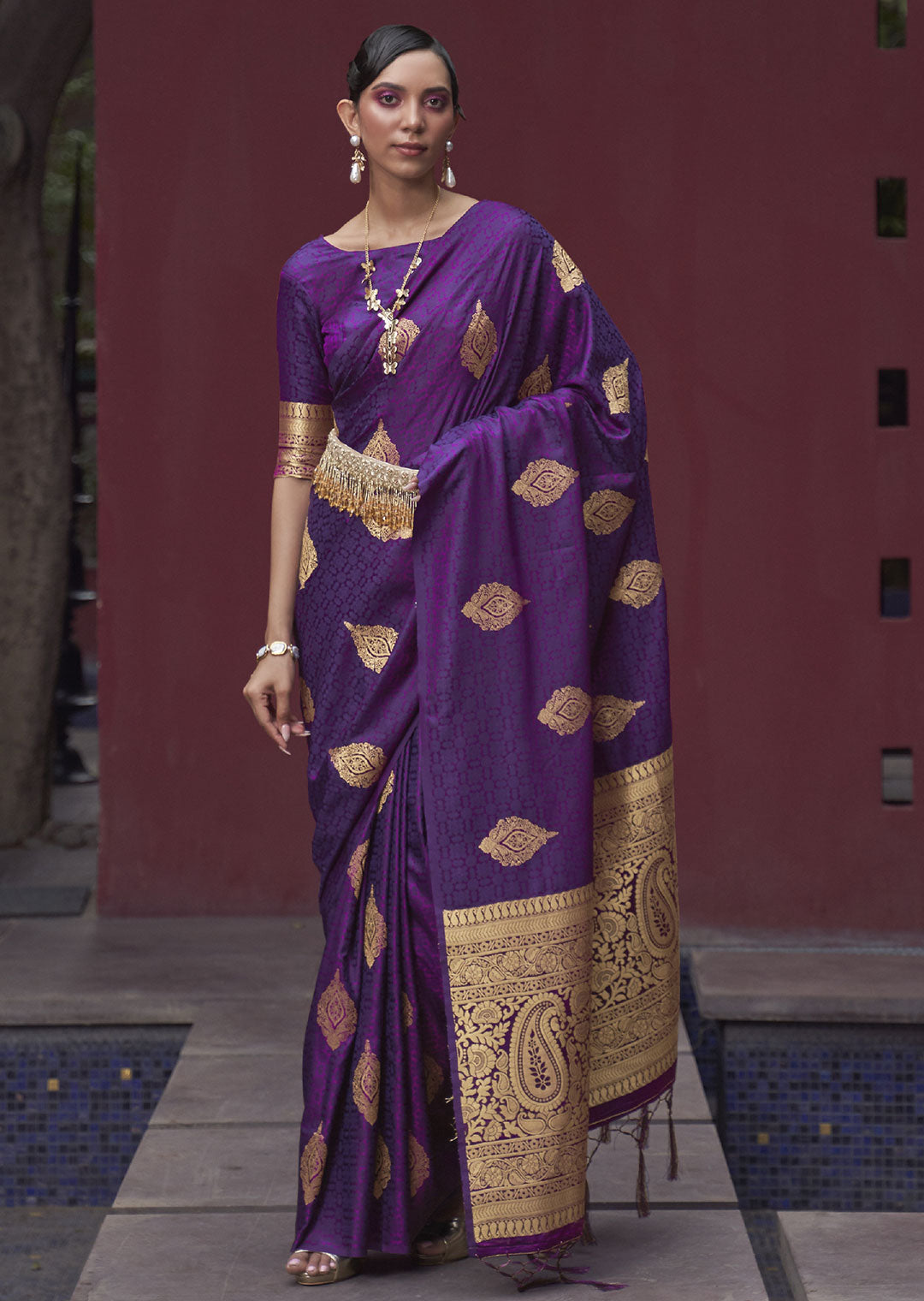 Rich Aubergine Purple Banarasi Woven Satin Silk Saree - A Luxurious Delight