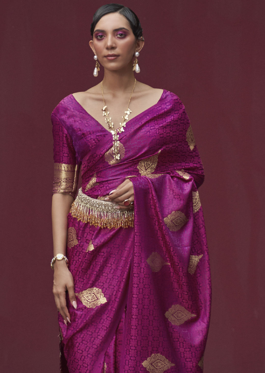 A Vibrant Delight Pink Banarasi Woven Satin Silk Saree