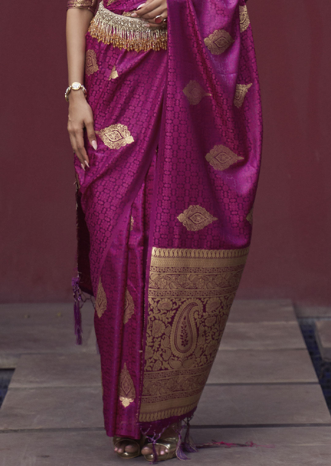 A Vibrant Delight Pink Banarasi Woven Satin Silk Saree