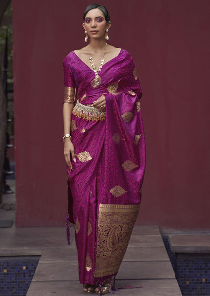 A Vibrant Delight Pink Banarasi Woven Satin Silk Saree