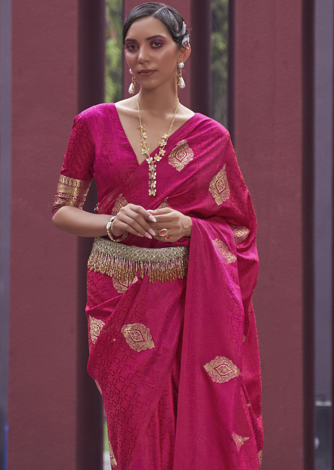 Berry Pink Banarasi Woven Satin Silk Saree - A Vibrant Delight