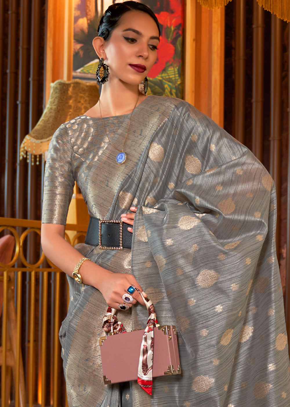 Chic Grey Woven Banarasi Textured Silk Saree for a Sophisticated Look