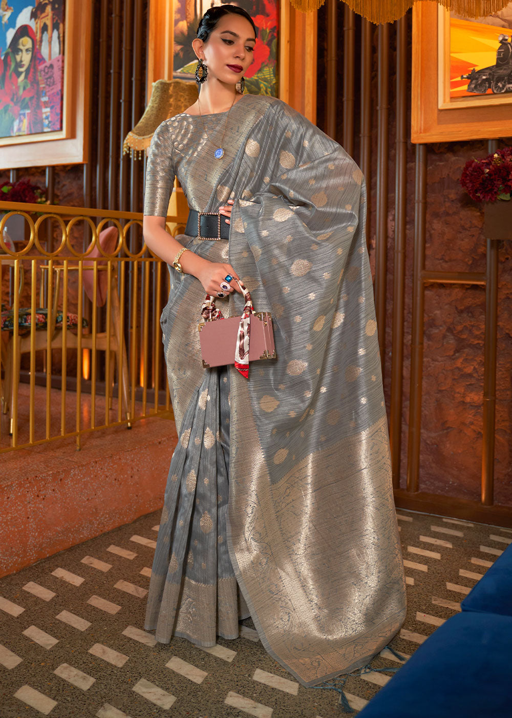 Chic Grey Woven Banarasi Textured Silk Saree for a Sophisticated Look