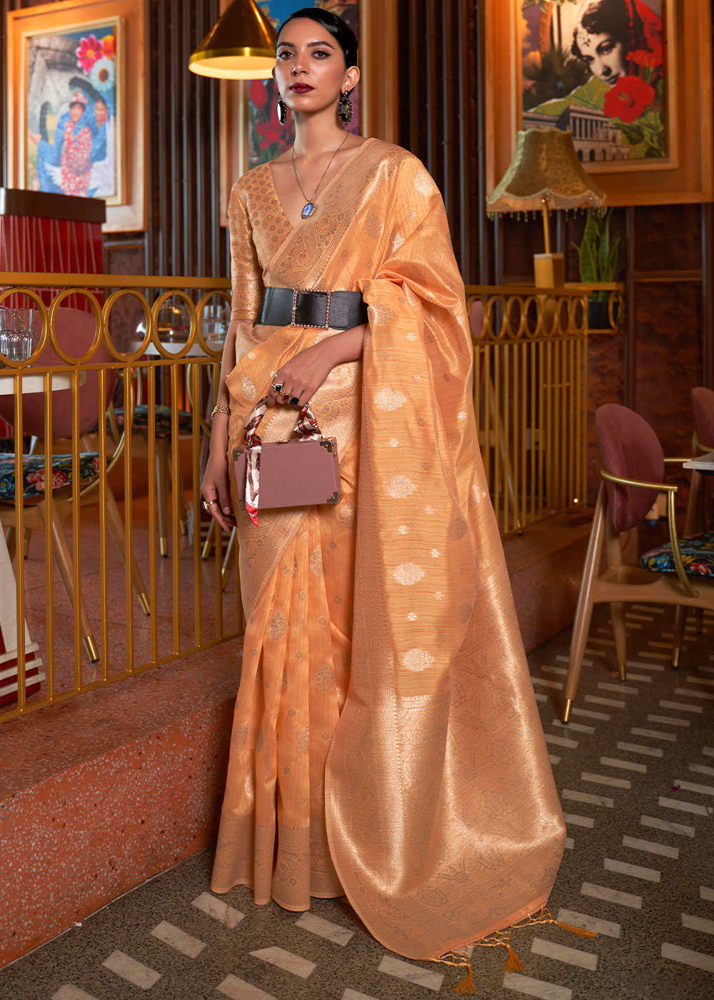 Radiant Orange Banarasi Textured Silk Saree for a Bold and Beautiful Look