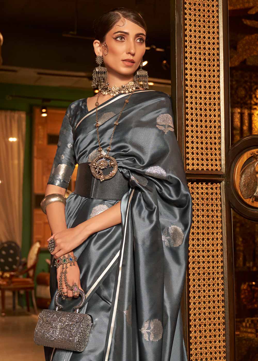 GREY SHININGEY BANARASI SATIN SILK SAREE