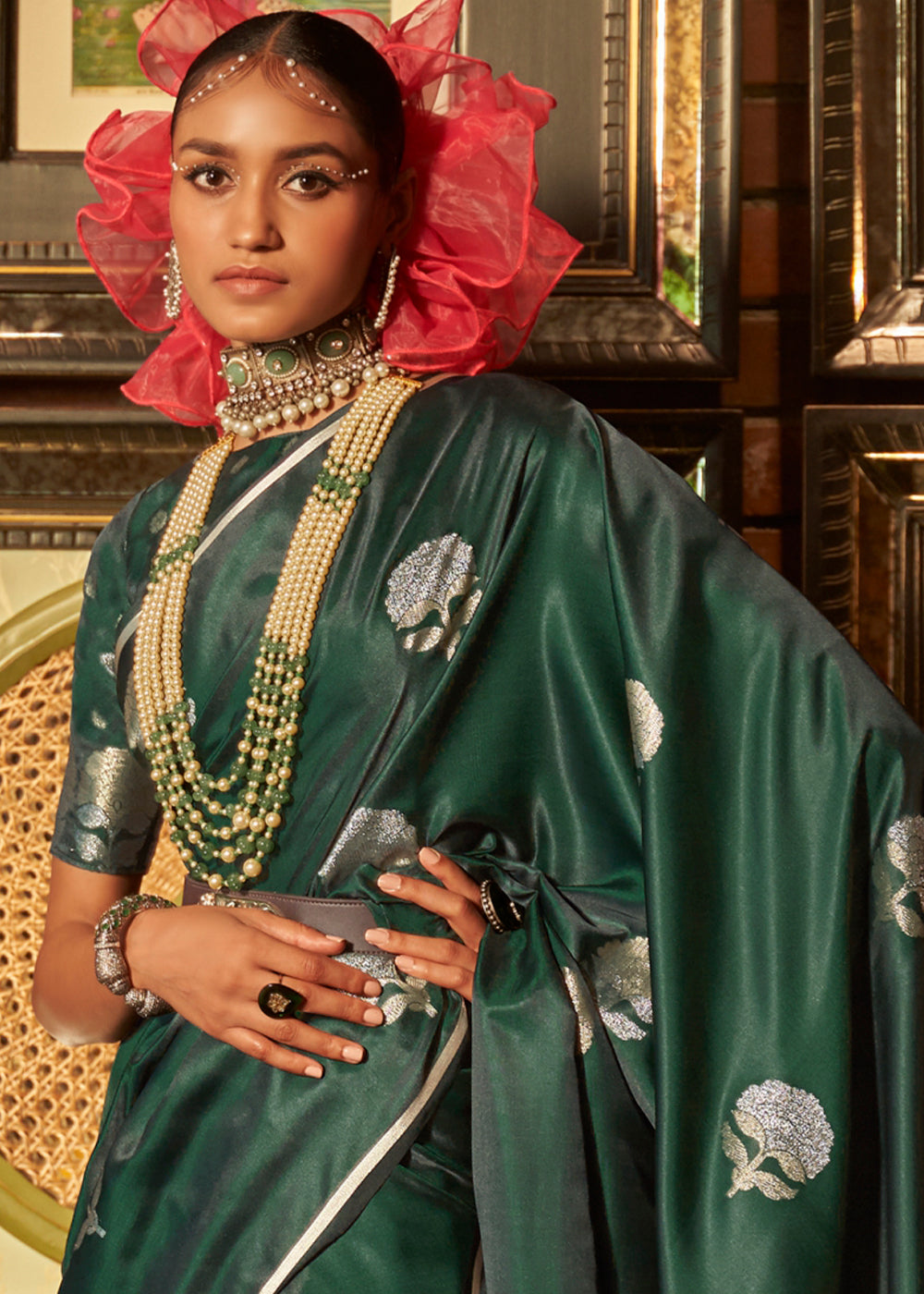 the Beauty of Green Banarasi Satin Silk Saree