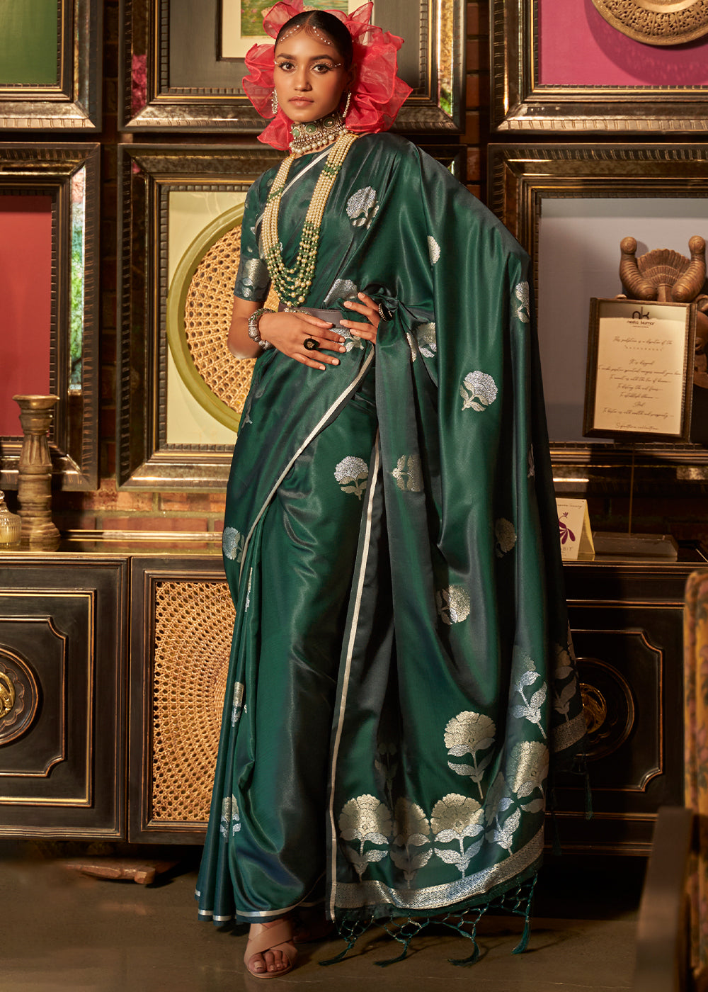 the Beauty of Green Banarasi Satin Silk Saree