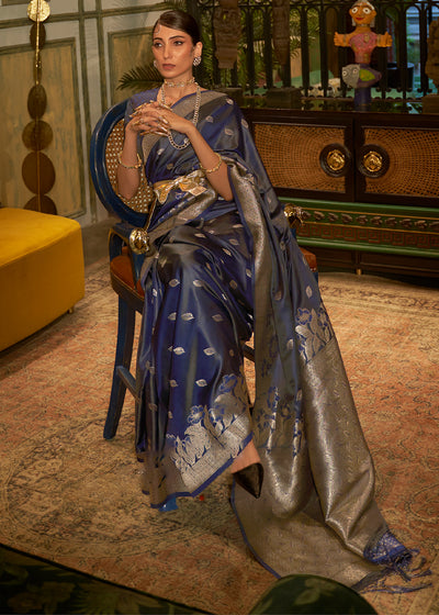 Elegant Deep Blue Woven Satin Banarasi Silk Saree with Intricate Zari Weaving