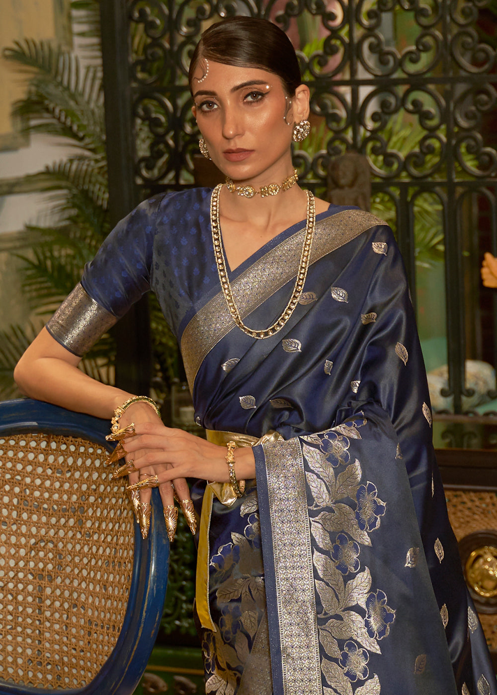 Elegant Deep Blue Woven Satin Banarasi Silk Saree with Intricate Zari Weaving