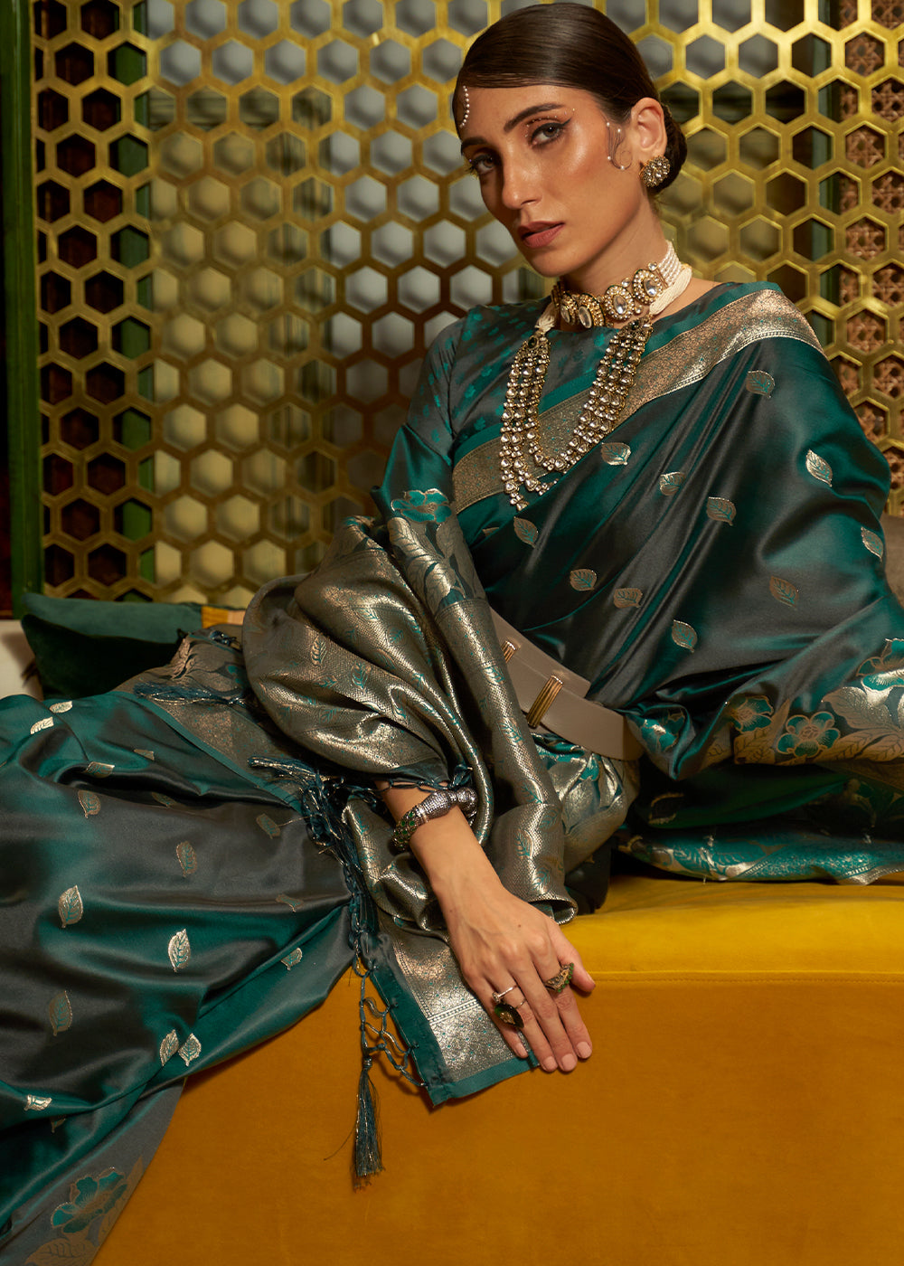 Elegant Dark Green Banarasi Silk Saree with Woven Satin Finish