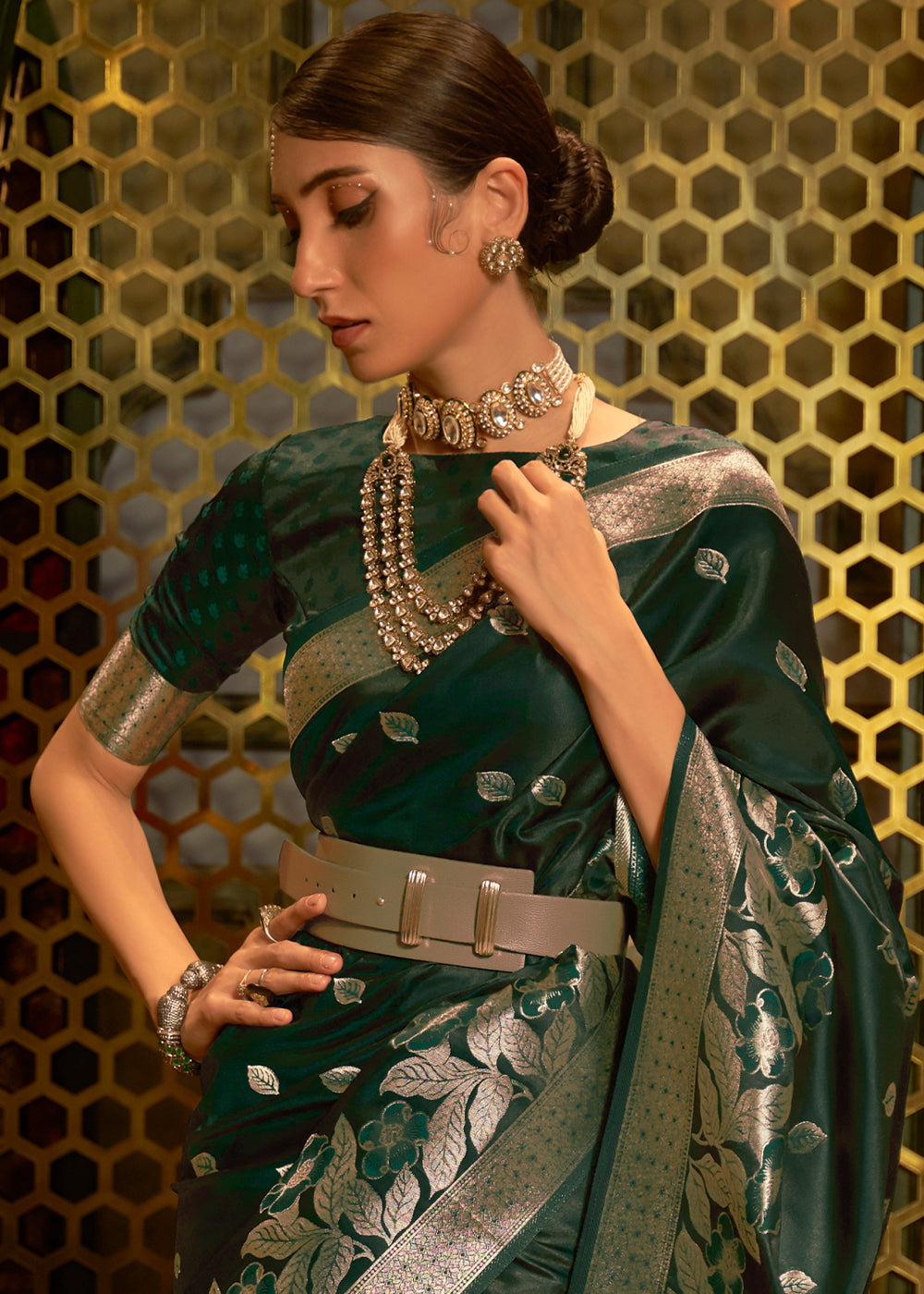 Elegant Dark Green Banarasi Silk Saree with Woven Satin Finish