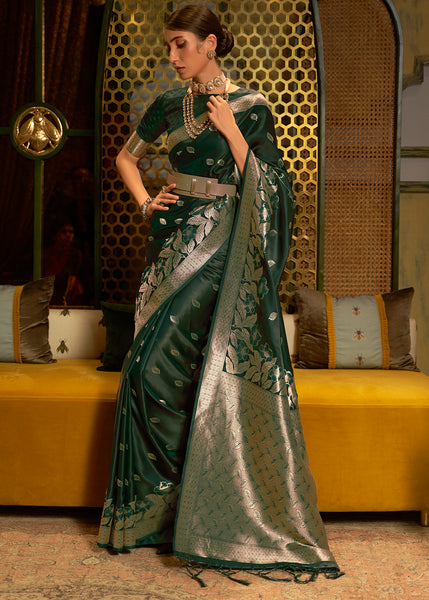 Elegant Dark Green Banarasi Silk Saree with Woven Satin Finish