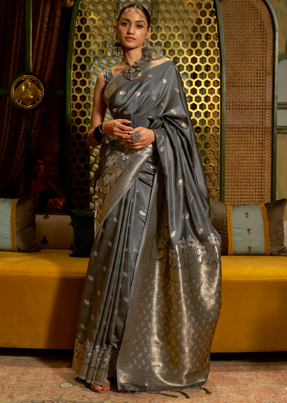 Chic Grey Banarasi Silk Saree with Woven Satin Finish