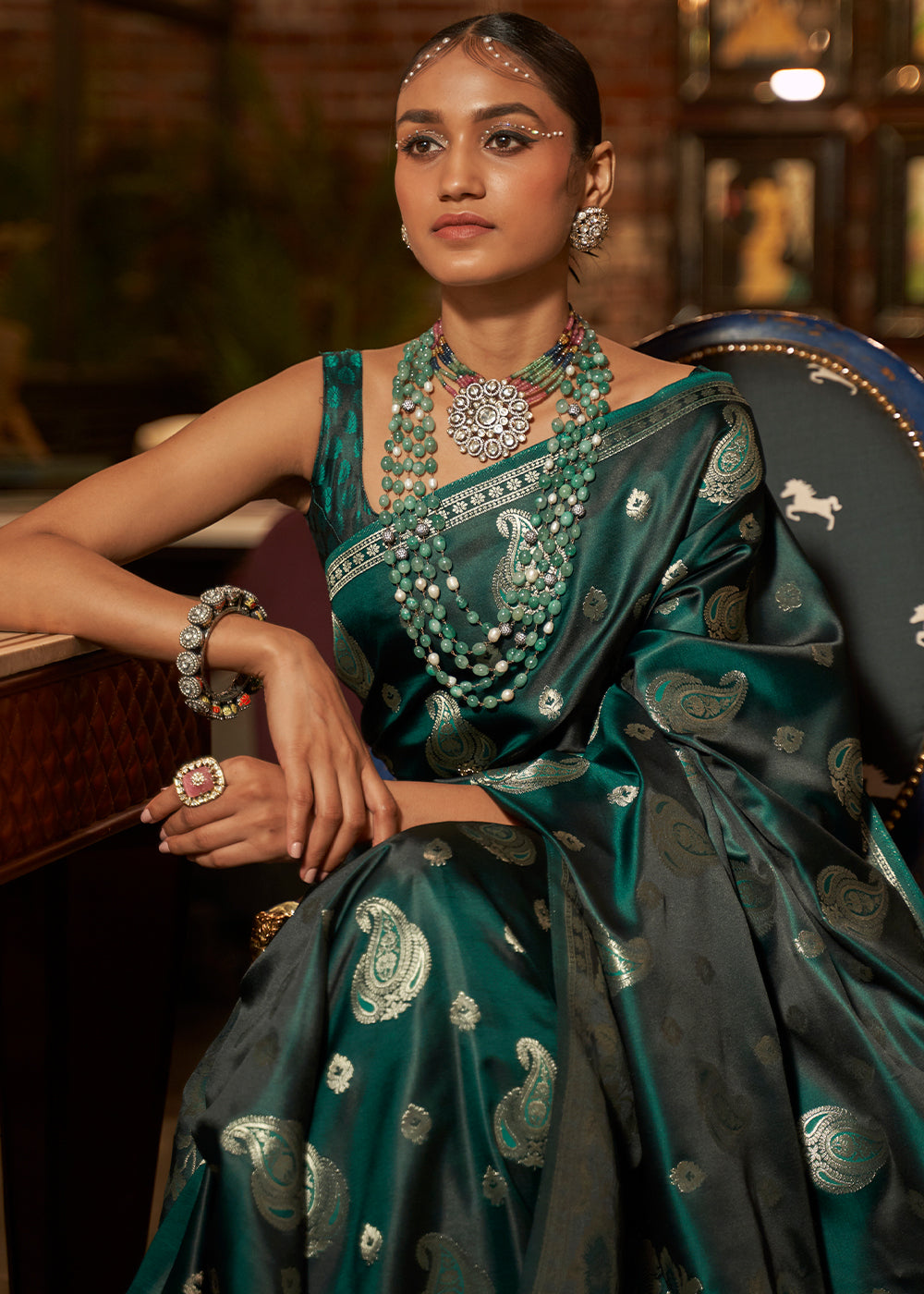 The Enchanting Elegance of Green Banarasi Woven Satin Silk Saree