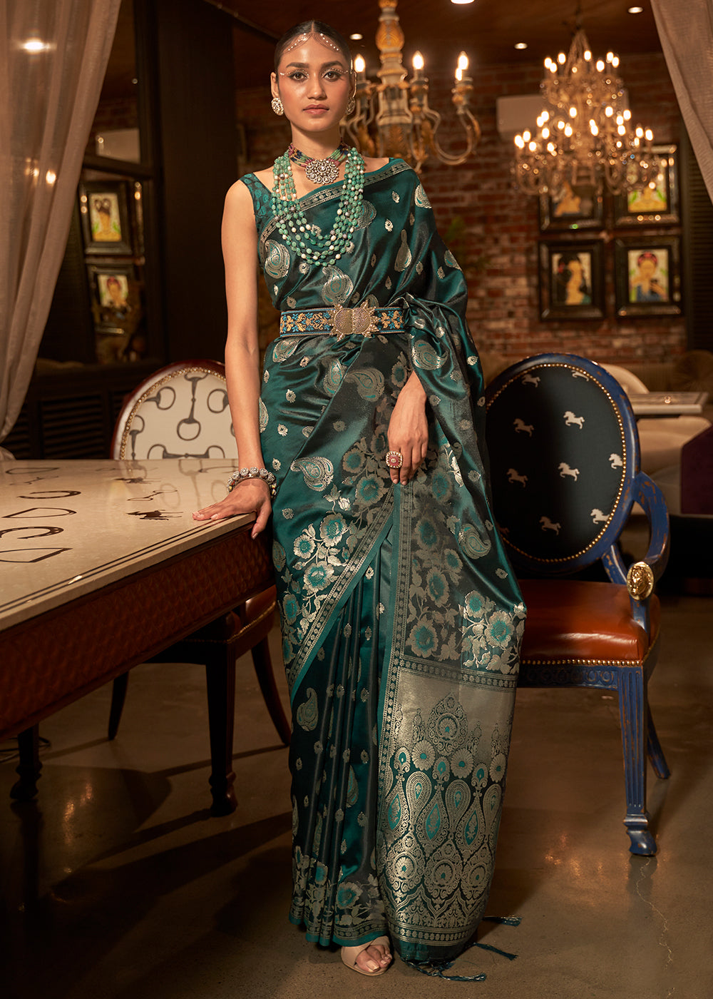 The Enchanting Elegance of Green Banarasi Woven Satin Silk Saree