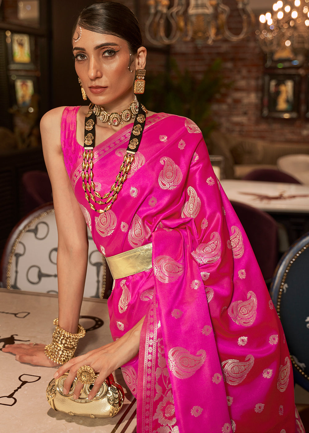 The Graceful Charm of Pink Banarasi Woven Satin Silk Saree