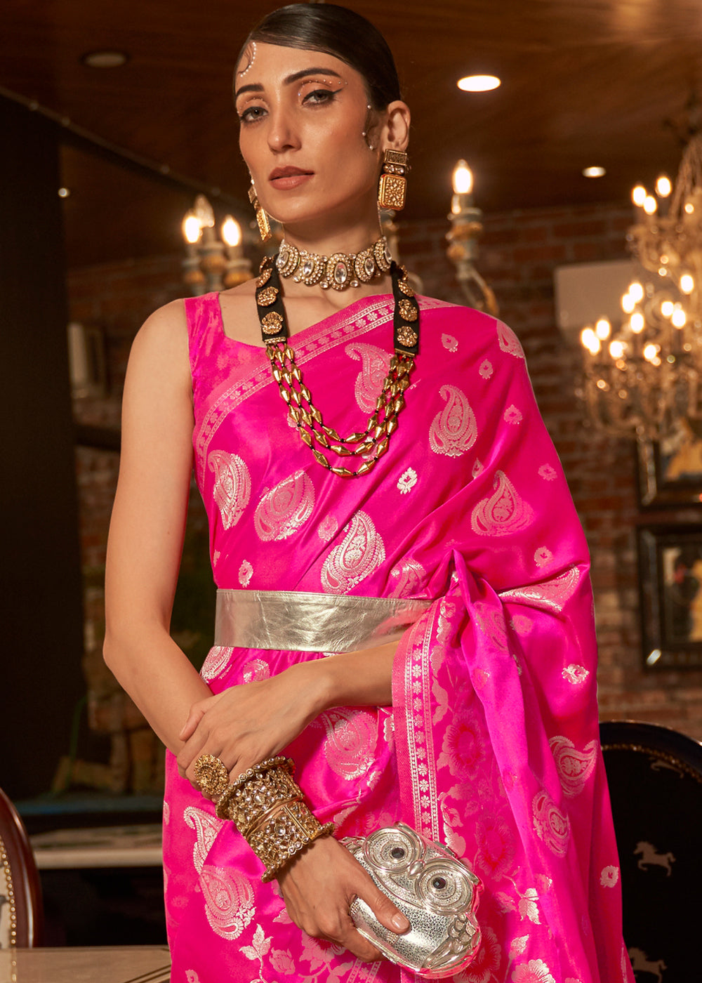 The Graceful Charm of Pink Banarasi Woven Satin Silk Saree