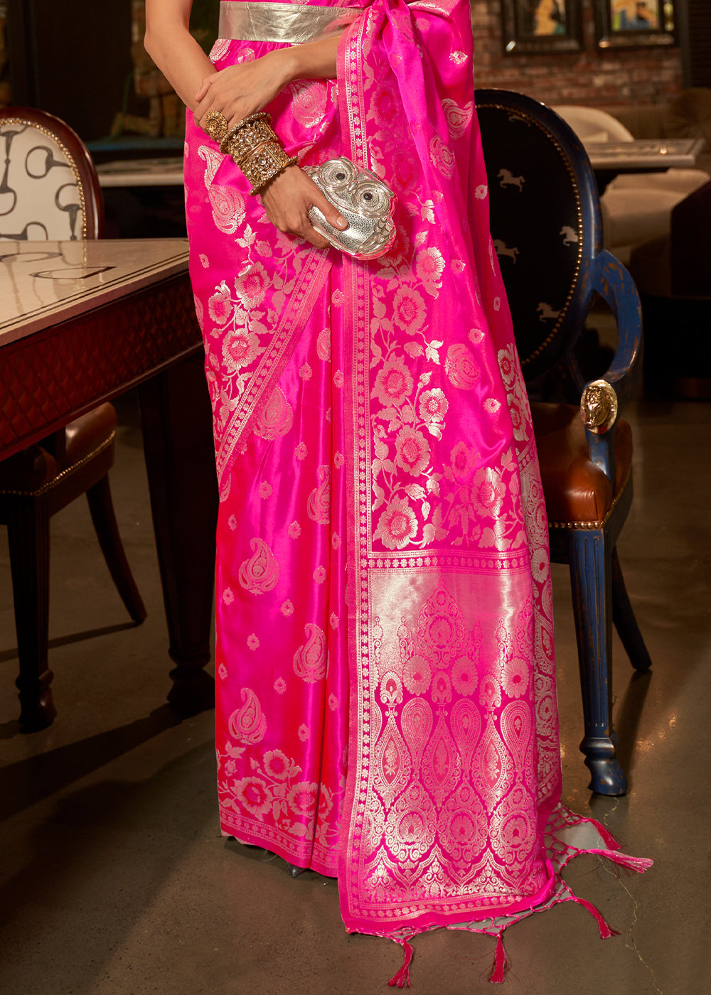 The Graceful Charm of Pink Banarasi Woven Satin Silk Saree