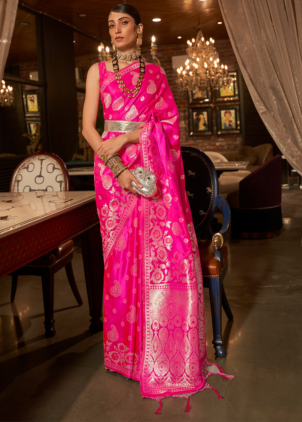 The Graceful Charm of Pink Banarasi Woven Satin Silk Saree