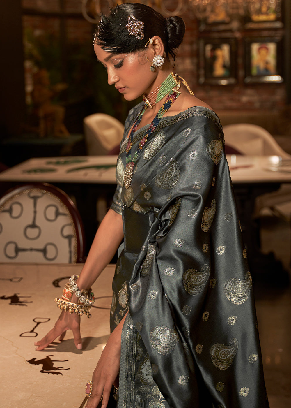 The Timeless Beauty of Grey Banarasi Woven Satin Silk Saree