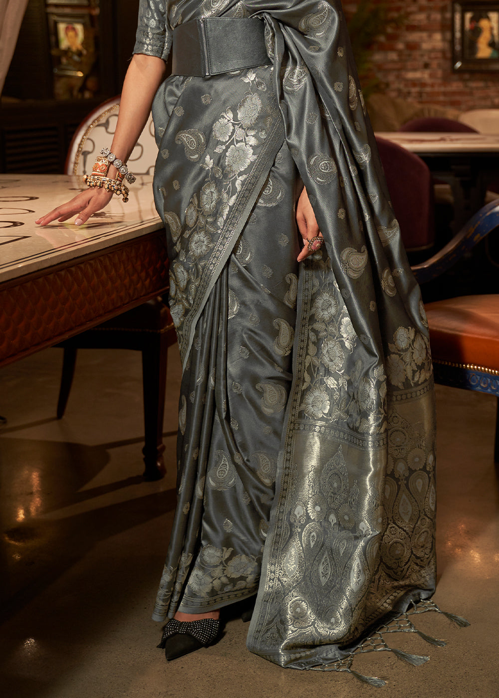 The Timeless Beauty of Grey Banarasi Woven Satin Silk Saree