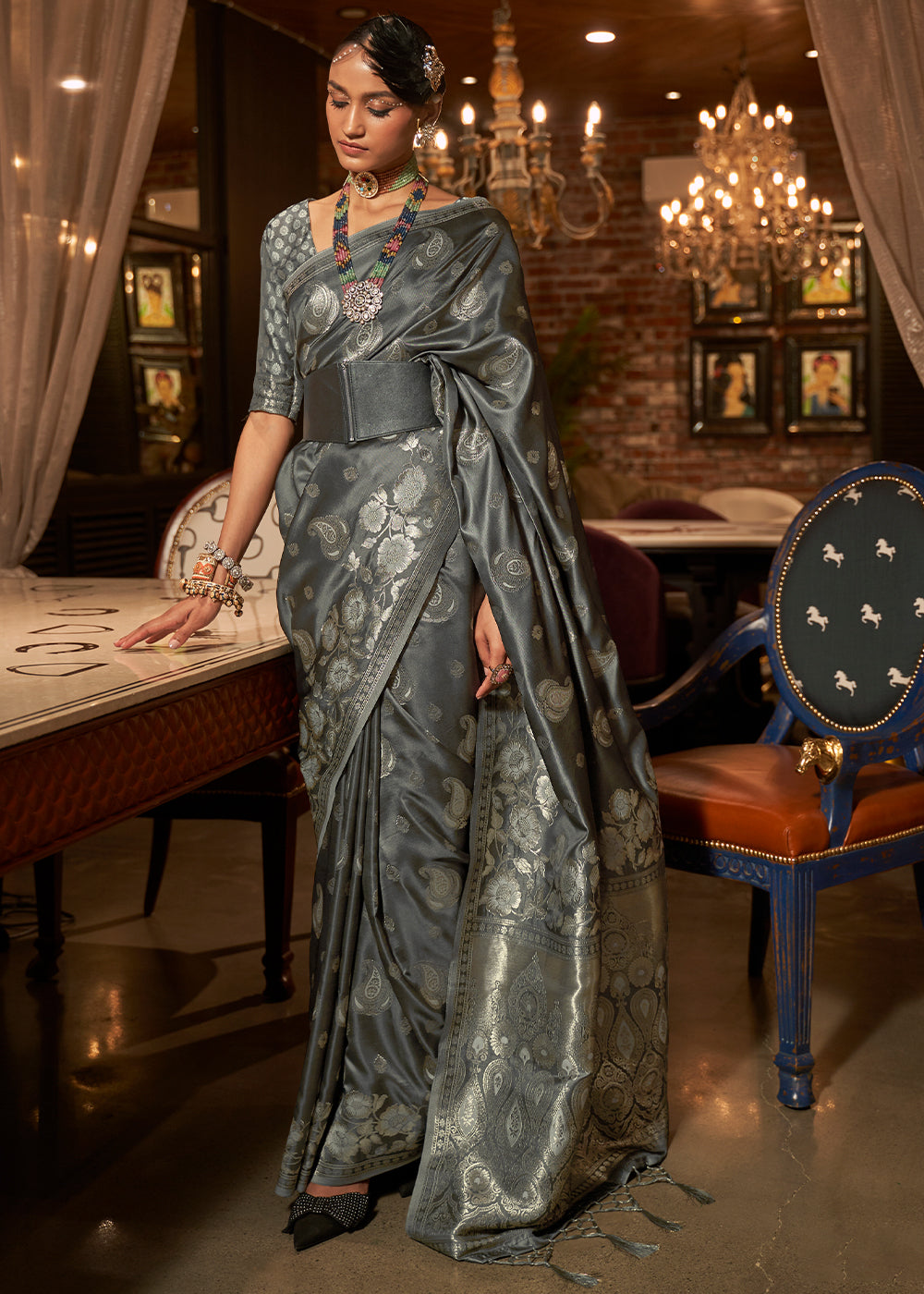 The Timeless Beauty of Grey Banarasi Woven Satin Silk Saree