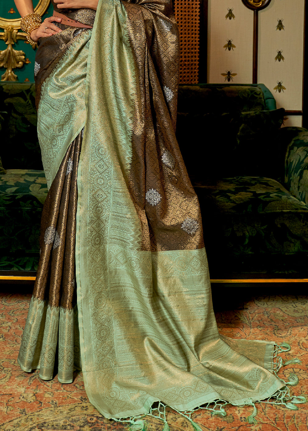 Mint Green and Brown Kanjivaram Silk Saree with Traditional Zari Weaving