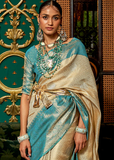 Elegant Sky Blue and Beige Kanjivaram Silk Saree with Traditional Zari Weaving