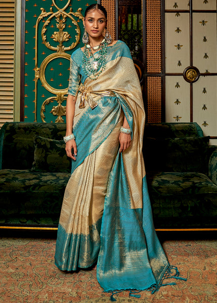Elegant Sky Blue and Beige Kanjivaram Silk Saree with Traditional Zari Weaving