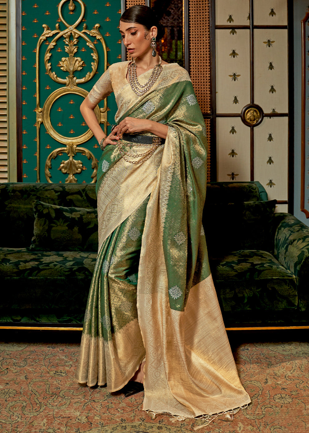 Timeless Moss Green and Beige Kanjivaram Silk Saree with Traditional Zari Weaving