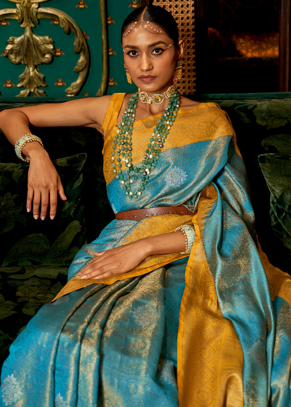 Stunning Butterscotch Yellow and Blue Kanjivaram Silk Saree with Intricate Zari Weaving