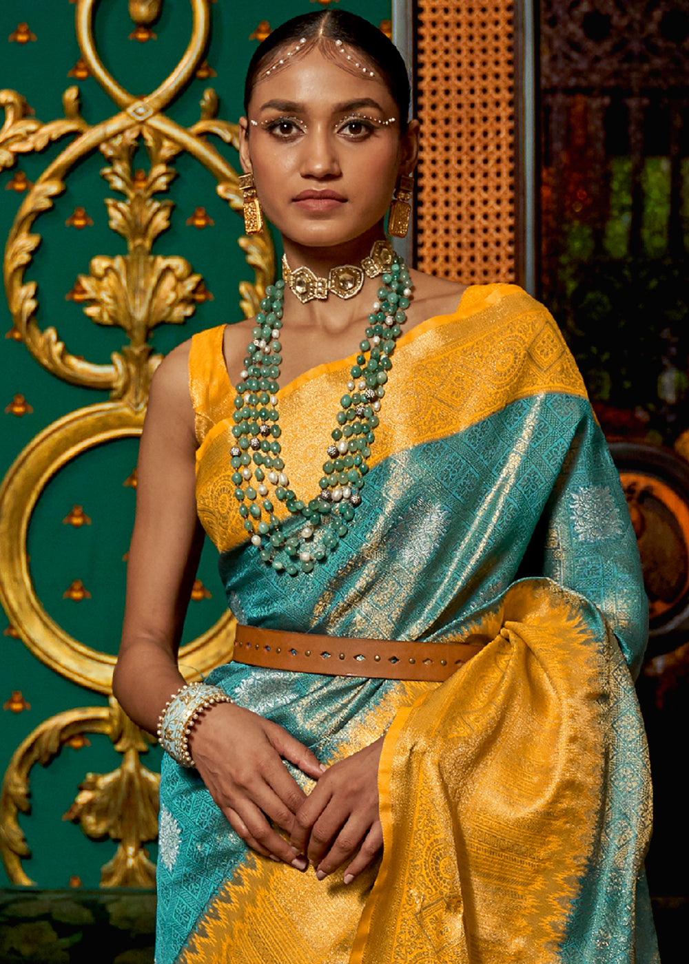 Stunning Butterscotch Yellow and Blue Kanjivaram Silk Saree with Intricate Zari Weaving