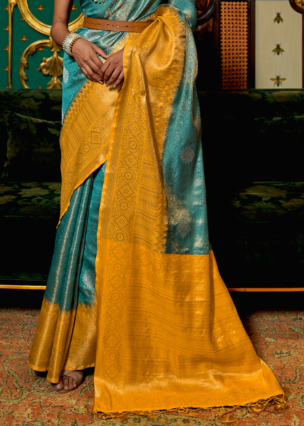 Stunning Butterscotch Yellow and Blue Kanjivaram Silk Saree with Intricate Zari Weaving